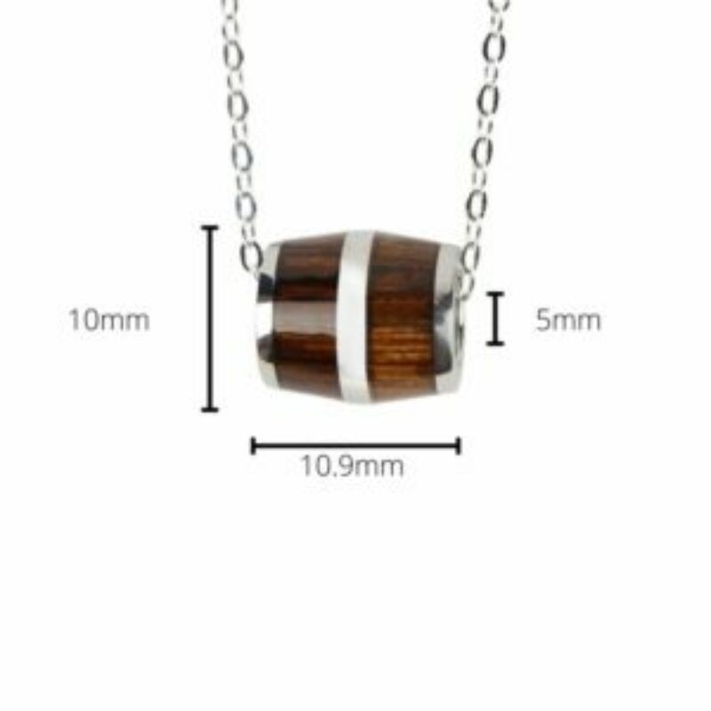 Wood Wine Barrel Pendant on a chain with dimensions diagram