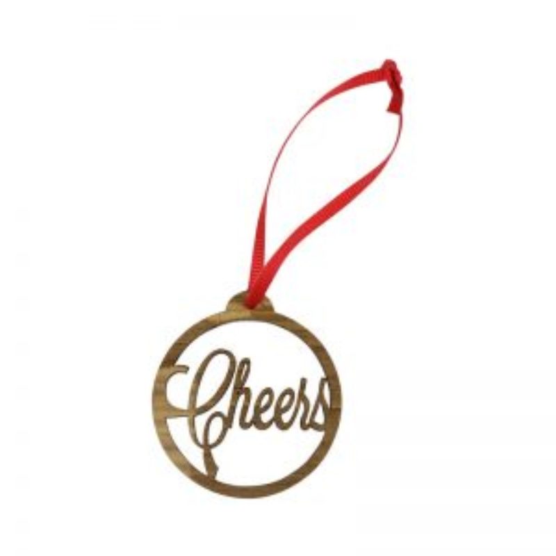 Christmas Ornament made from wine barrel wood with the word Cheers